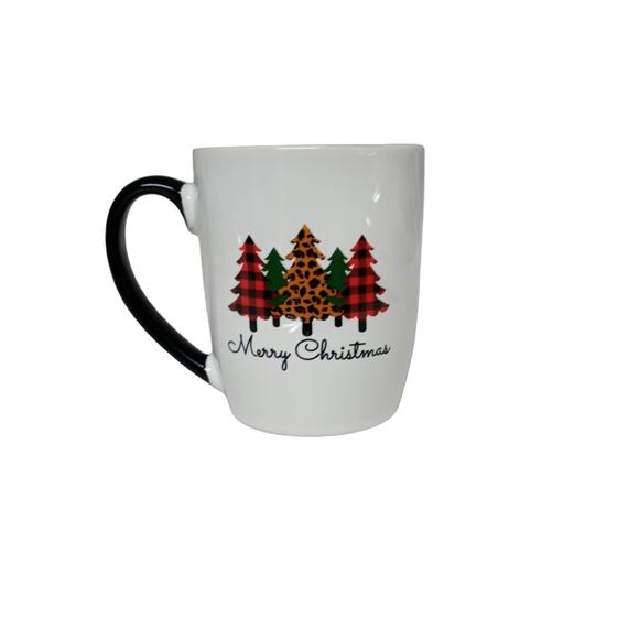 Vintage Christmas Trees Mug Merry Christmas Plaid Red Black Coffee Cup Holiday - Picture 2 of 9